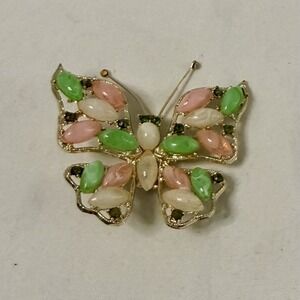 Vintage Unsigned Beauty Butterfly Brooch Pin Peach Green White Rhinestones 2.5"